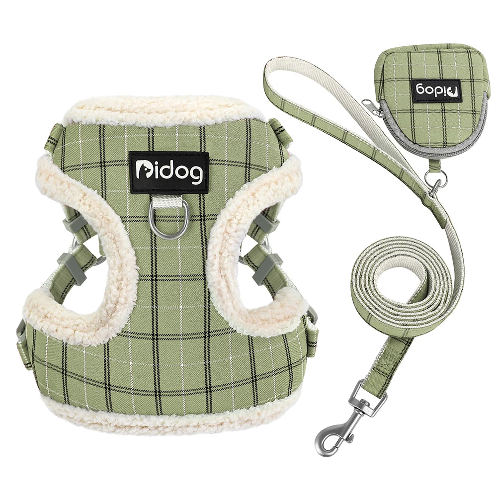 Winter Warm Dog Harness Leash Bag Set Breathable Dog Fur Harnesses Vest Pet Walking Rope With Garbage Bag for Small Medium Dogs