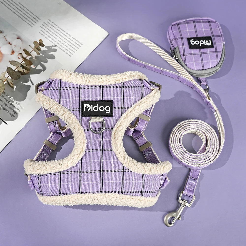 Winter Warm Dog Harness Leash Bag Set Breathable Dog Fur Harnesses Vest Pet Walking Rope With Garbage Bag for Small Medium Dogs