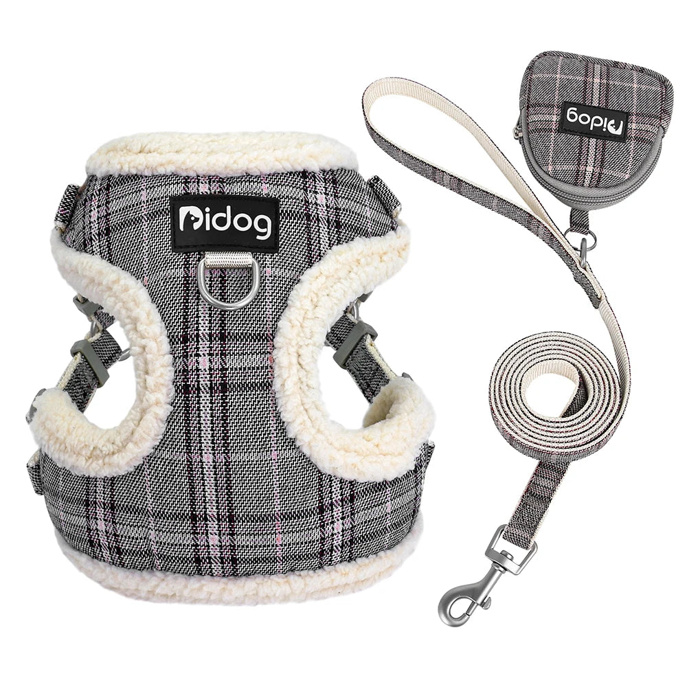 Winter Warm Dog Harness Leash Bag Set Breathable Dog Fur Harnesses Vest Pet Walking Rope With Garbage Bag for Small Medium Dogs