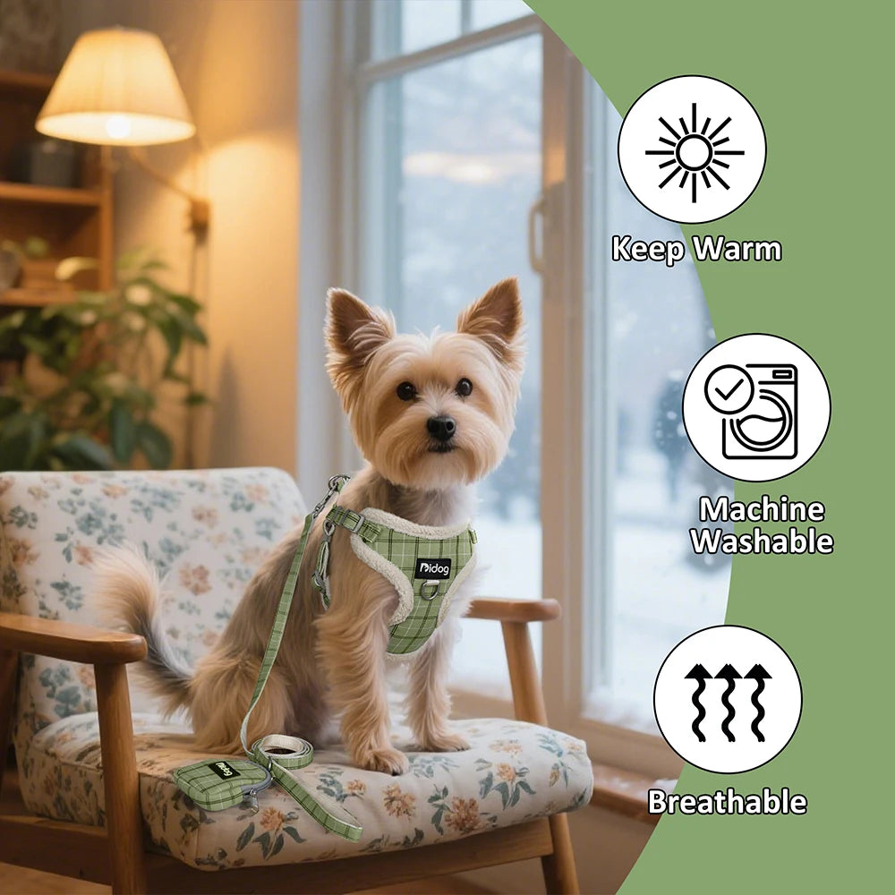 Winter Warm Dog Harness Leash Bag Set Breathable Dog Fur Harnesses Vest Pet Walking Rope With Garbage Bag for Small Medium Dogs