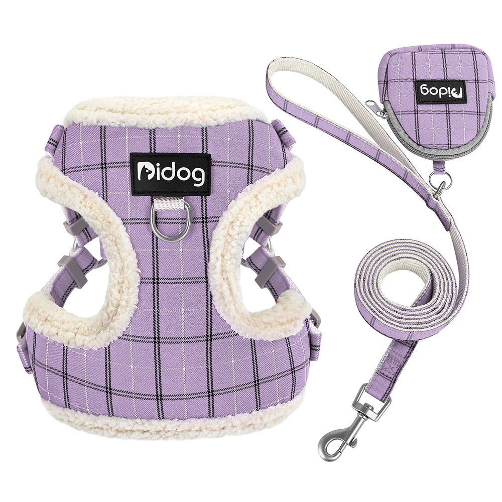 Winter Warm Dog Harness Leash Bag Set Breathable Dog Fur Harnesses Vest Pet Walking Rope With Garbage Bag for Small Medium Dogs