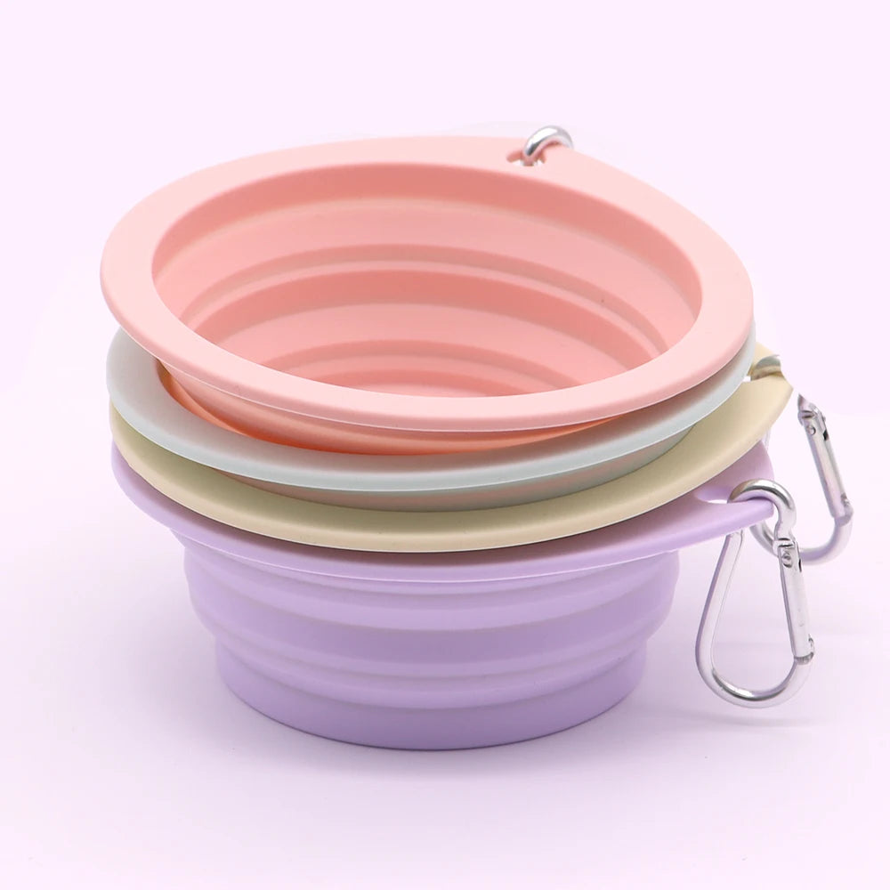 Collapsible Pet Silicone Dog Food Water Bowl Macaron Color Outdoor Travel Portable Folding Supplies Dishes with Carabiner