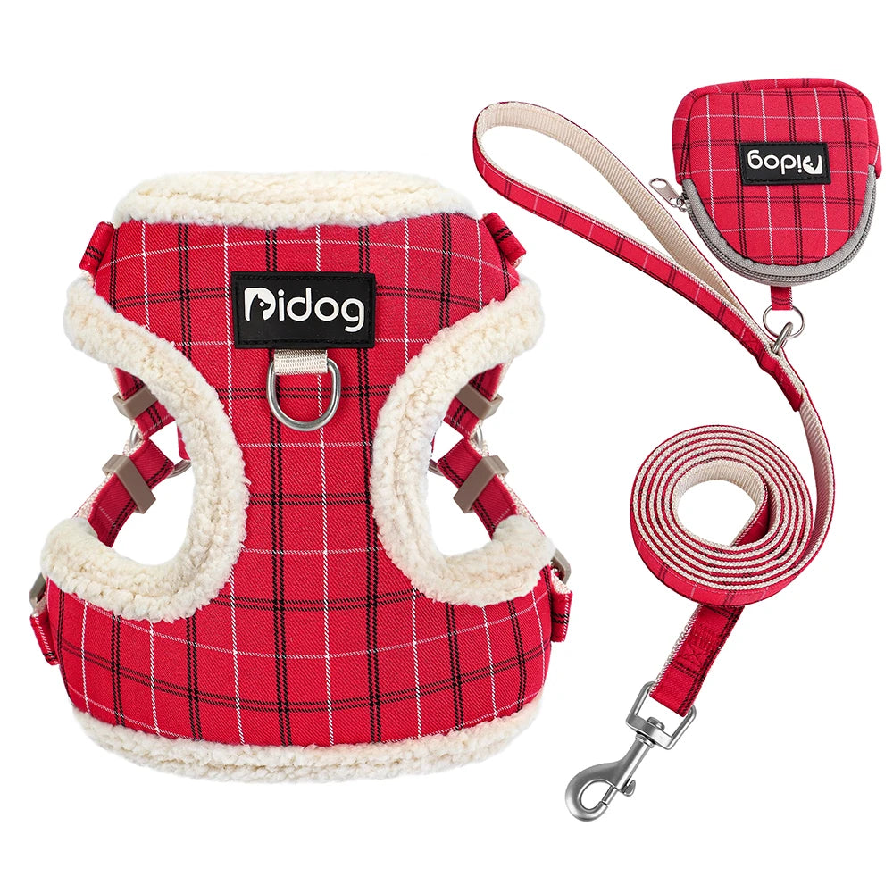Winter Warm Dog Harness Leash Bag Set Breathable Dog Fur Harnesses Vest Pet Walking Rope With Garbage Bag for Small Medium Dogs