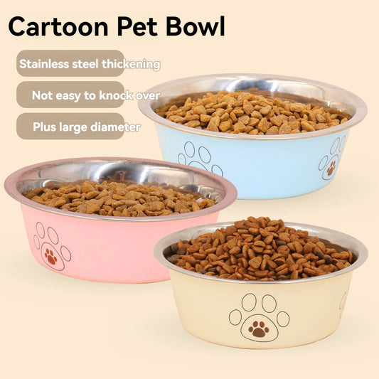 Popular stainless steel footprint dog bowl anti-tip non-slip cat bowl dog bowl cartoon pet bowl cat supplies cute cat bowl