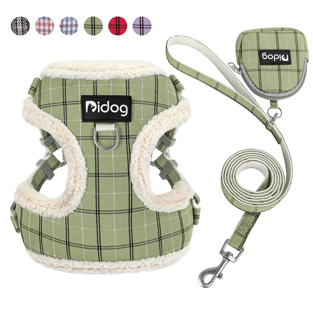 Winter Warm Dog Harness Leash Bag Set Breathable Dog Fur Harnesses Vest Pet Walking Rope With Garbage Bag for Small Medium Dogs