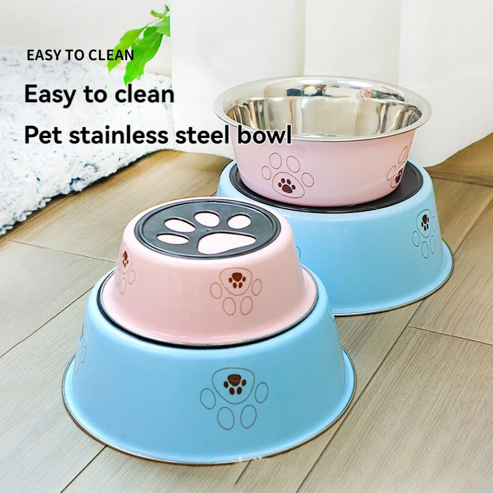Popular stainless steel footprint dog bowl anti-tip non-slip cat bowl dog bowl cartoon pet bowl cat supplies cute cat bowl