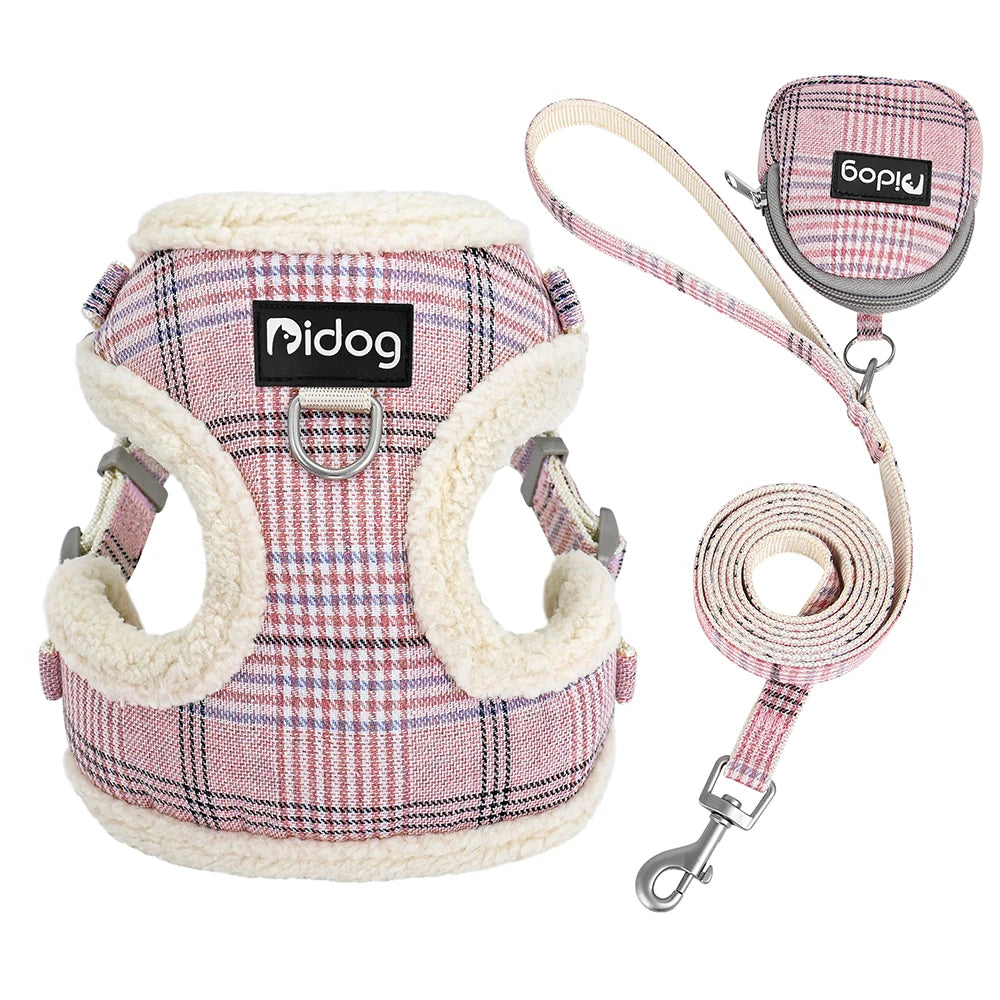 Winter Warm Dog Harness Leash Bag Set Breathable Dog Fur Harnesses Vest Pet Walking Rope With Garbage Bag for Small Medium Dogs