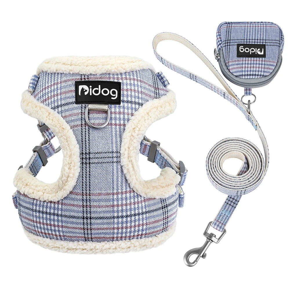 Winter Warm Dog Harness Leash Bag Set Breathable Dog Fur Harnesses Vest Pet Walking Rope With Garbage Bag for Small Medium Dogs